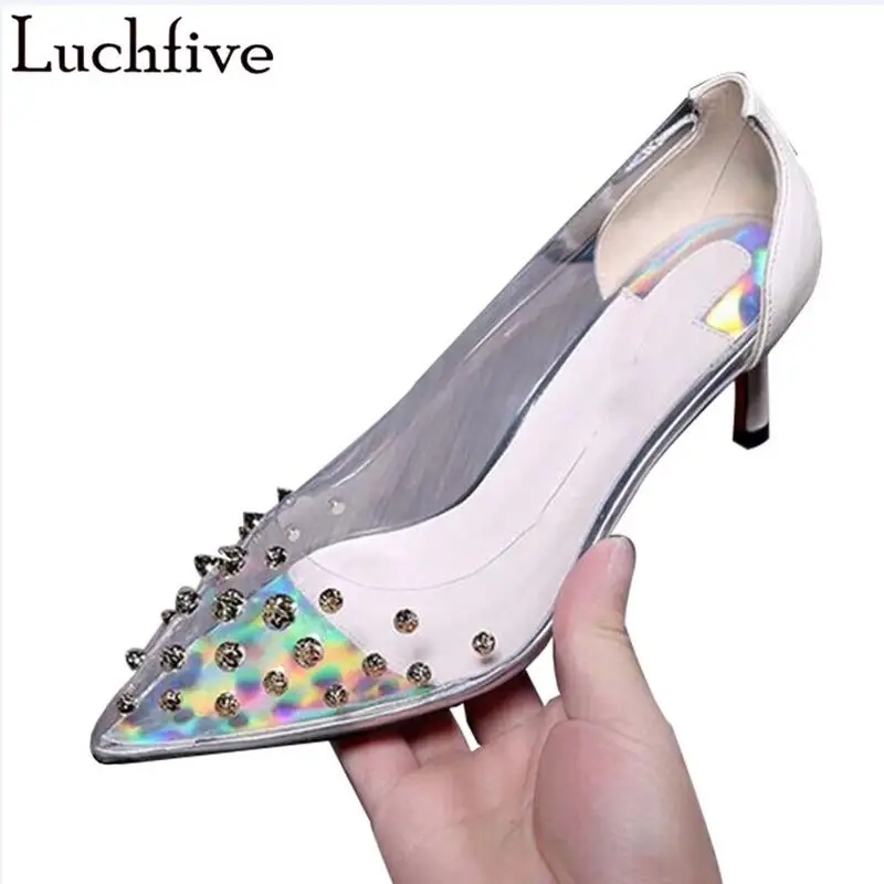 

Sexy Studded Rivets Clear Women Pumps Kitten Heels Transparent Shoes Woman Pointy Toe White Black Zapatos De Mujer