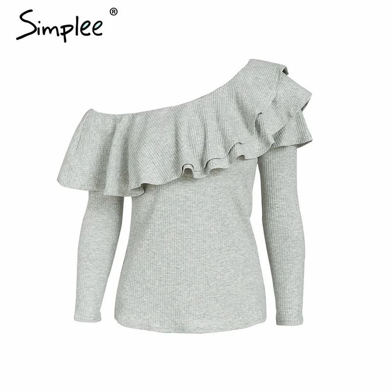 Simplee One shoulder ruffles blouse shirt women Sexy slim long sleeve tops Knitted casual cotton blusas new fashion women autumn