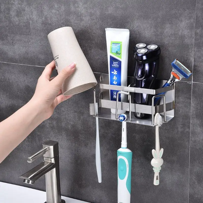 Stainless Steel Toothbrush Holder Toothpaste Stand Rack Adhesive Bathroom Organizer