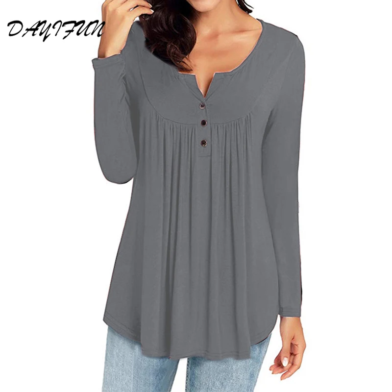 

DAYIFUN Hot Sale T Shirt Women Long Pleated Tshirt Blusas Summer Tees Loose Femme Solid Womens Clothing 7314