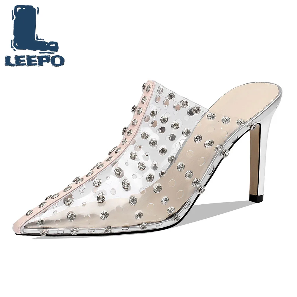 

LEEPO High Heels Sandals Women Summer Transparent Slippers Shoes Woman Rivet Hollow Pointed Toe Slingbacks Pumps Ladies Footwear