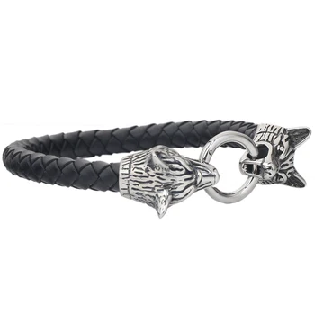 

Genuine Leather Men's Jewelry Bracelet & Bangle With Stainless Steel Wolf Charm Bracelet for Men