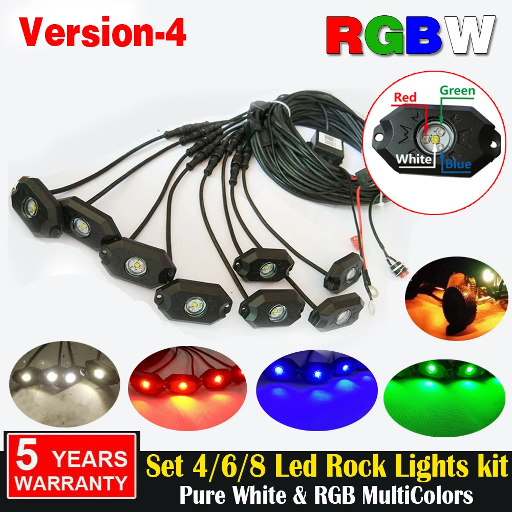 Set 4 6 8 Pods White & RGB Led Rock Light Kit Multi Color Change Strobe