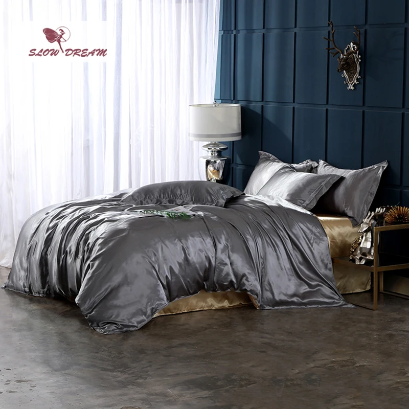 

SlowDream Gray+Camel Solid Color Bedding Set 100% Silk Luxury Duvet Cover Flat Sheet Pillowcase Bedclothes Double Bedspread Bed