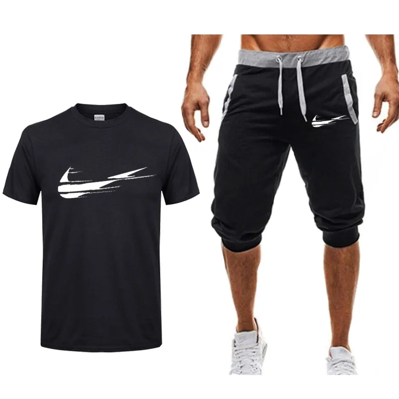 2019 новые высококачественные мужские футболки 2 шт сете хлопковые футболки с коротким рукавом + шорты повседневные футболки для мужчин