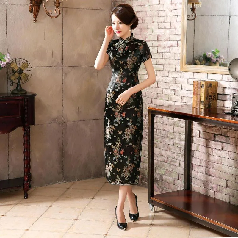 Китайское традиционное платье для женщин Атлас Qipao Дракон Феникс Длинные Cheongsam большой размеры 2XL 3XL