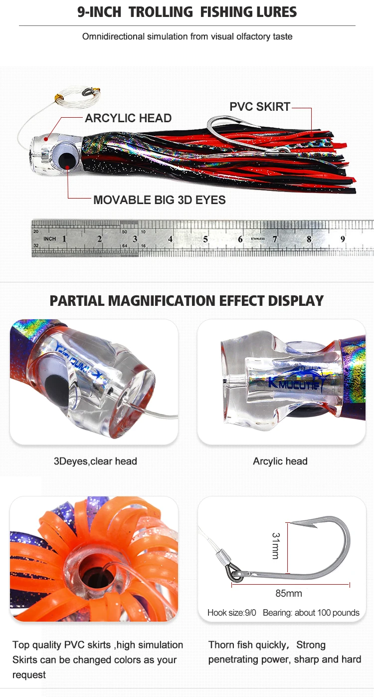 6 шт. 9 дюймов Подгоняемая приманка на марлина с сетчатой сумкой тунец Kingfish большая игра осьминог юбка приманки океанская лодка ловля рыбы на блесну блесны