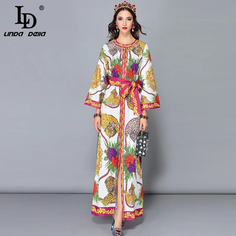 

LD LINDA DELLA Spring Maxi Dresses Women's Long Sleeve Elegant Belt High Split Loose Printed Holiday Party Vintage Long Dress