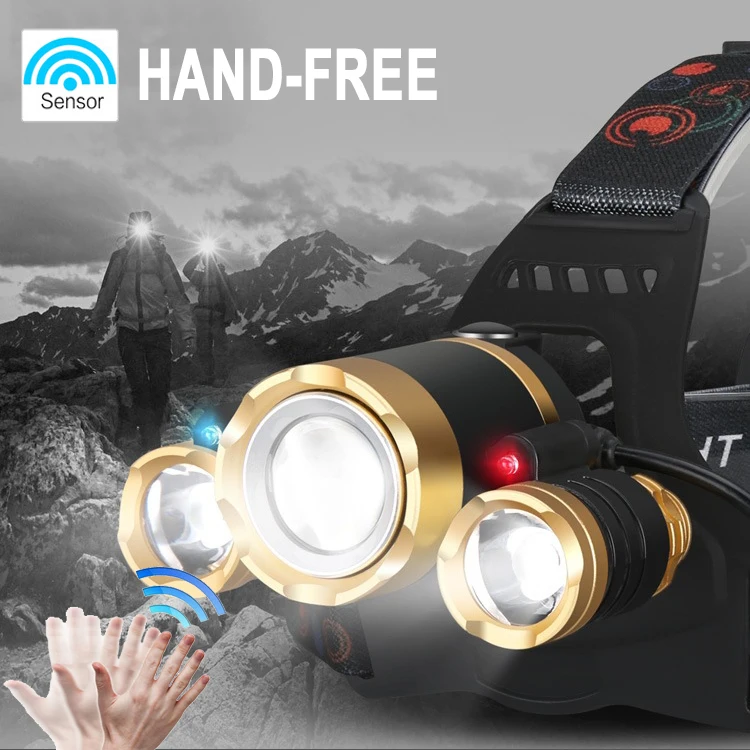 

LED Headlamp 18650 Rechargeable Zoom Sensor Flashlight Waterproof 3 T6 30000LM Forehead Head Light USB Torch Fishing Headlight