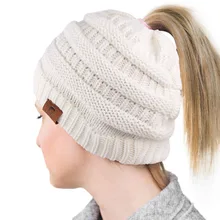 Осенне-зимняя Элегантная Модная однотонная шерстяная шапка, тканая теплая шапка с отверстием для хвоста, Лыжная шапка