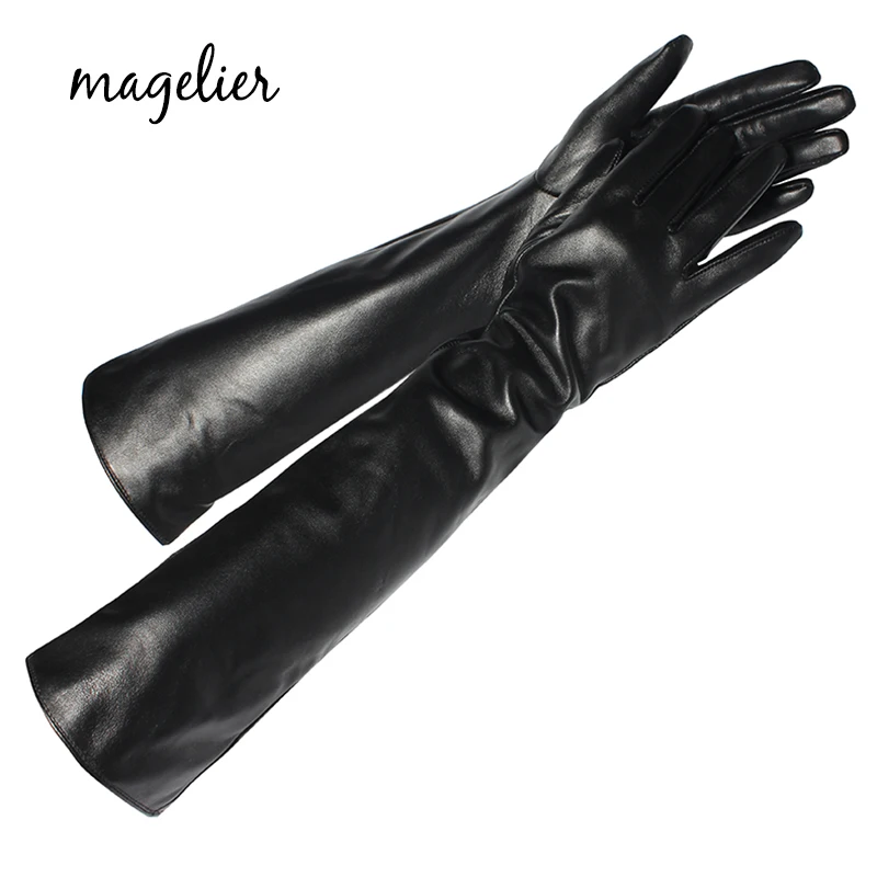 Magelier осенне-зимние перчатки из натуральной кожи для женщин, перчатки из натуральной овчины с сенсорным экраном, женские теплые длинные перчатки 083 - Цвет: Черный