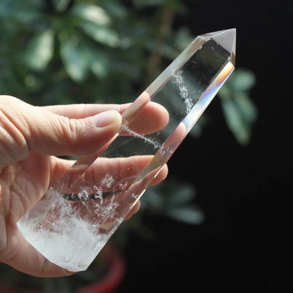 

huij 00855 Clear Natural Quartz Crystal Wand Point Healing Bronze Statue
