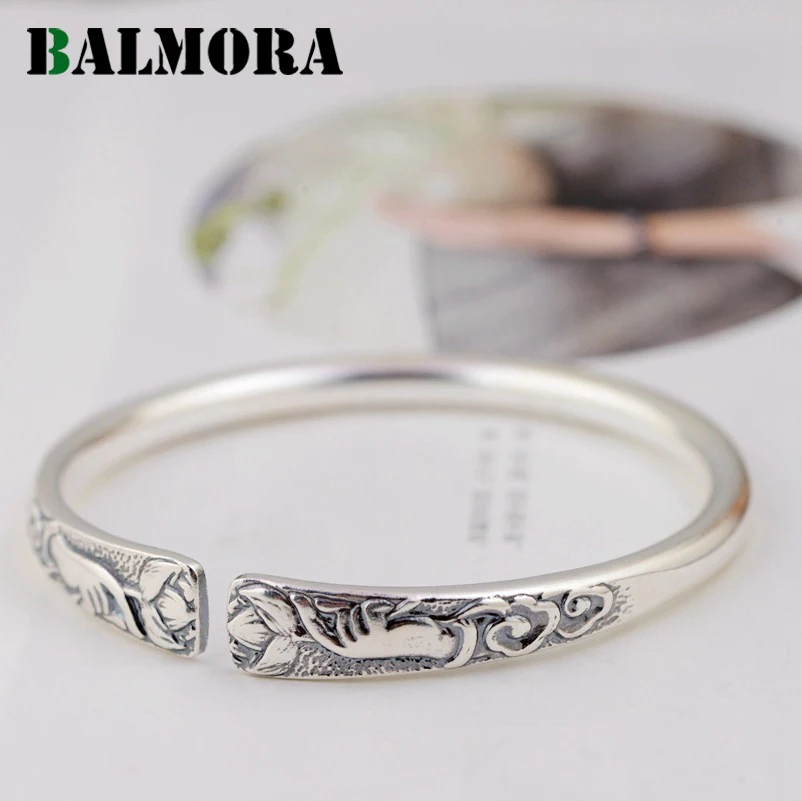 

BALMORA 990 Pure Silver Hand & Flower Open Bangles for Women Men Gift about 18cm Bracelet Jewelry Accessories Esposas SZ0511