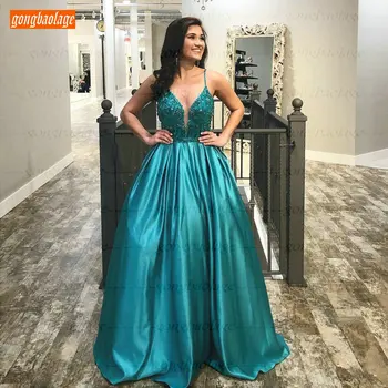 

Gorgeous Satin Blue Prom Dresses Long 2020 Spaghetti Straps A Line Formal Party Gowns Sexy Banquet Evening Reflective Dress Prom