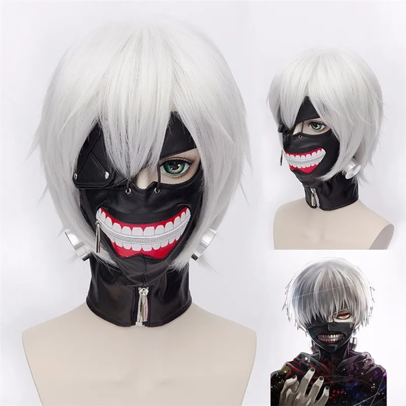 

Anime Tokyo Ghoul Kaneki Ken Cosplay Mask with Wigs Zipper Faux Leather Mask Adult Halloween Party Masks