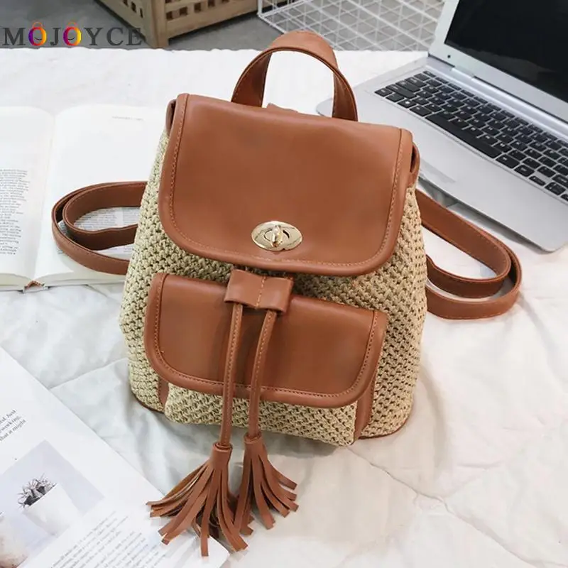 Buy PU Leather Straw Weaving Women Backpack Tassel