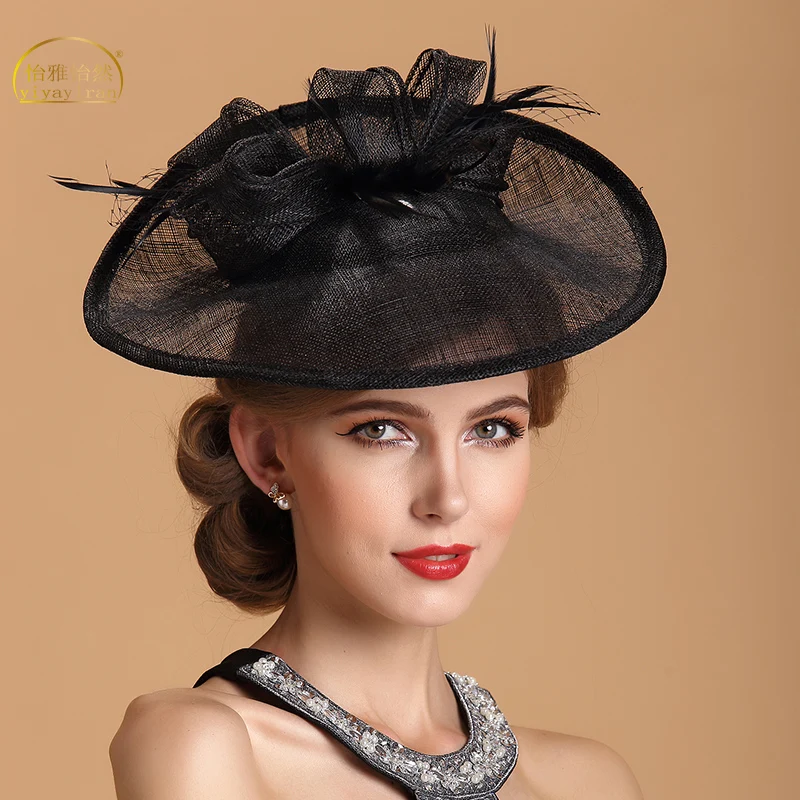 Lady Fedoras Hat Girls Church Party Linen Cap Female Feather Linen Par