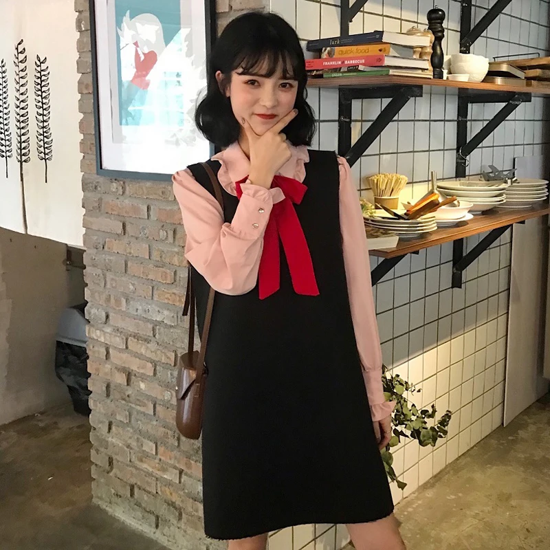 

Spring 2019 New Women's Korean Fashion Temperament Bow Shirt + Woolen Vest Dress Streetwear Two-piece Suit