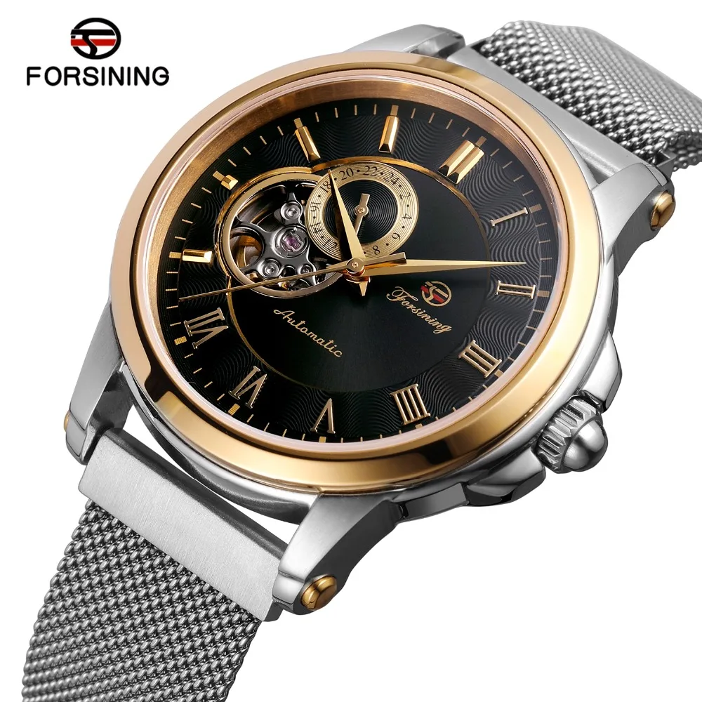 

FORSINING New Fashion Design Automatic Self-Wind Watch Men Silver Mesh Stainless Steel Mechanical Watches Man with Magnet Buckle
