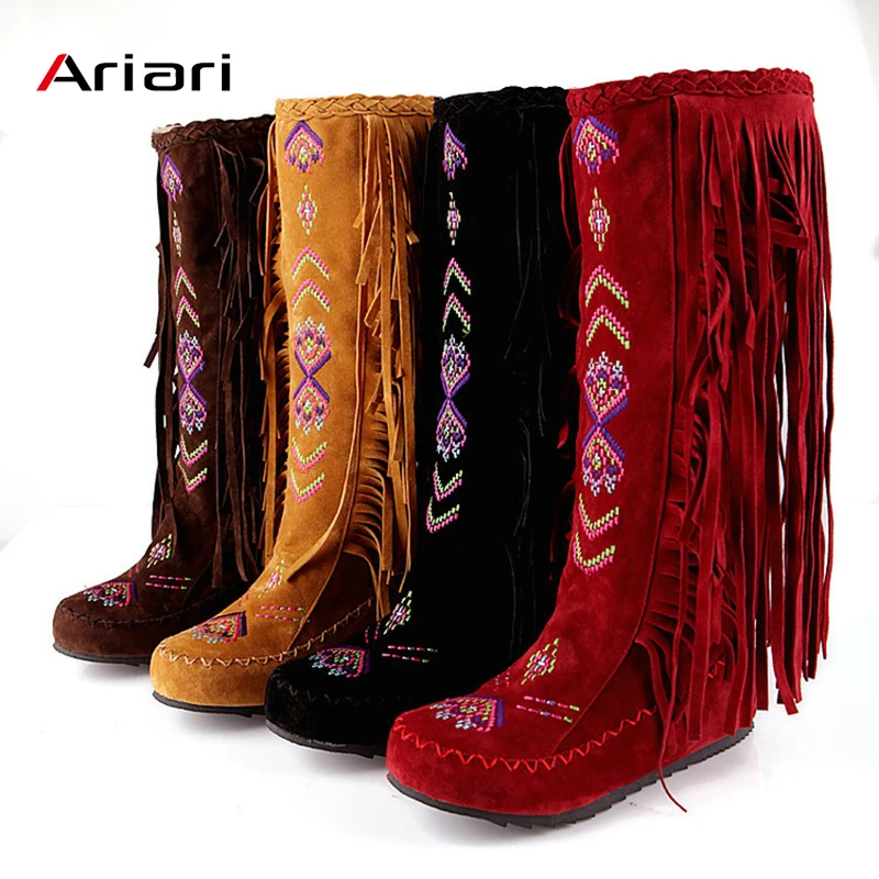 

Ariari 2019 Spring Autumn Women boot Warm Velvet Lining Flock Leather Fringe Slip-on Woman Knee High Boot Women Long Boot