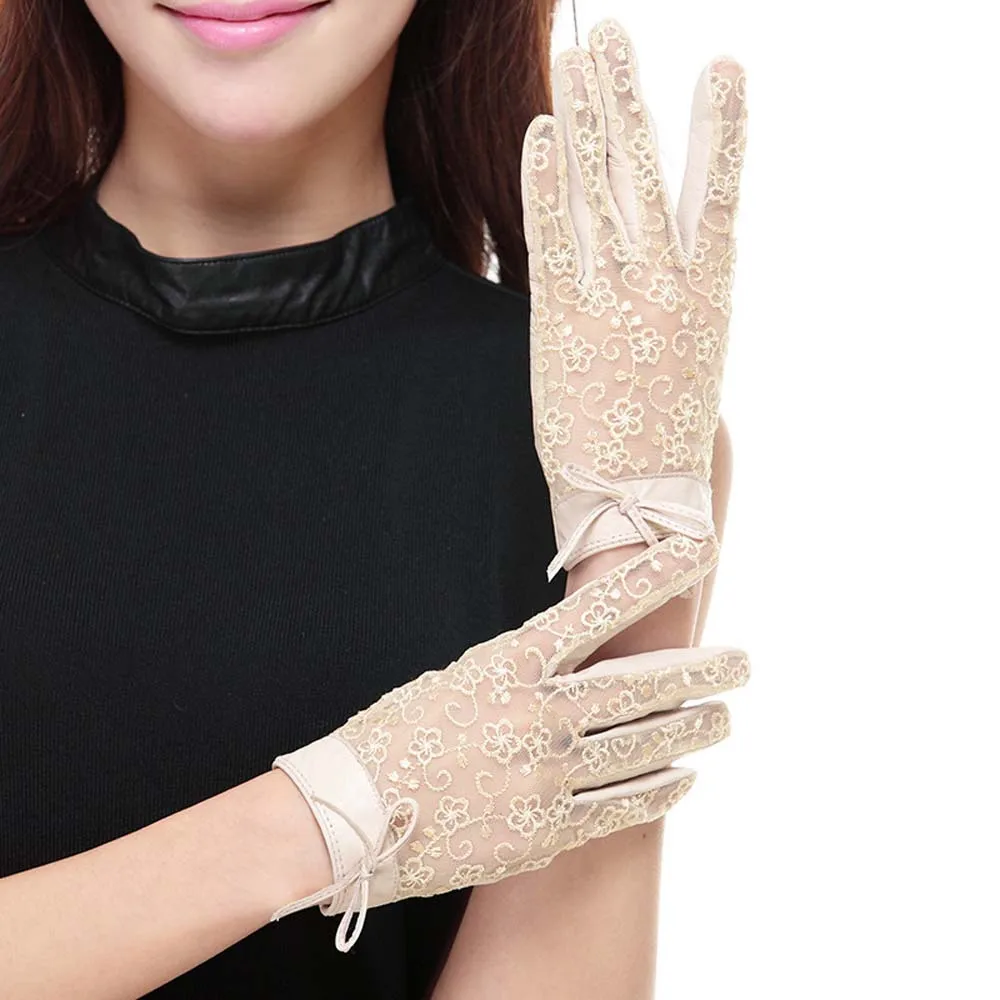 Новые модные кружевные кожаные перчатки солнцезащитные перчатки из овчины с полным пальцем черные фиолетовые Бежевые женские кружевные