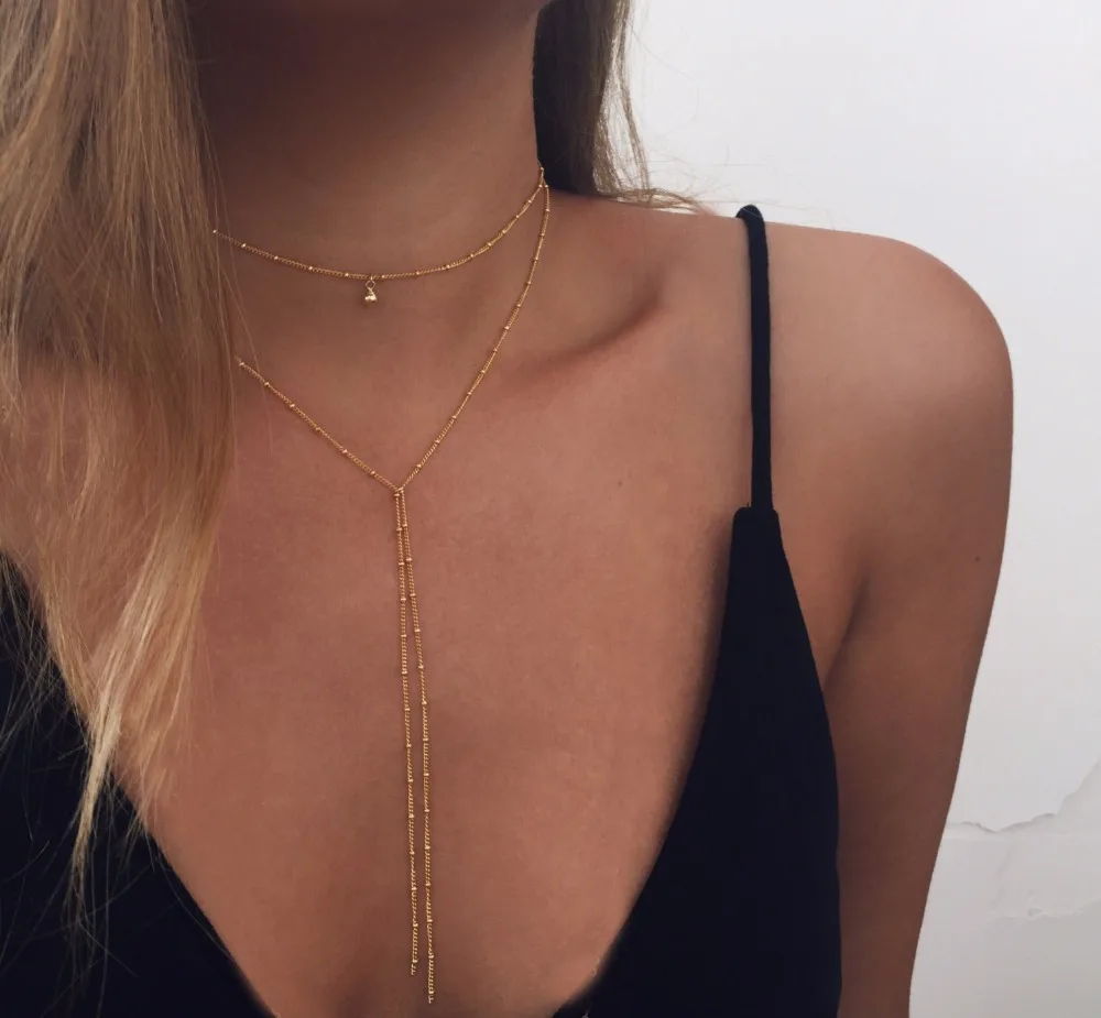 

New Arrival Women Fashion Gold-Color Necklace Double Chain Long Tassel Beads Chains Necklaces For Lover's Wedding Jewelry Gift