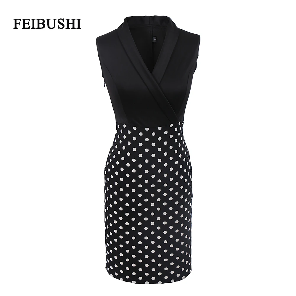 FEIBUSHI Women Elegant Sleeveless Cocktail Polka dots Patchwork Vintage Casual Wear To Work Office Business Bodycon Pencil Dress