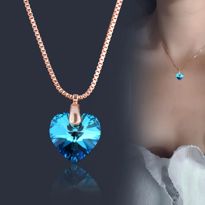 

SINLEERY Gorgeous Blue Purple Crystal Heart Pendant Necklace Rose Gold Silver Chain Women Choker Necklace Jewelry XL439 SSB