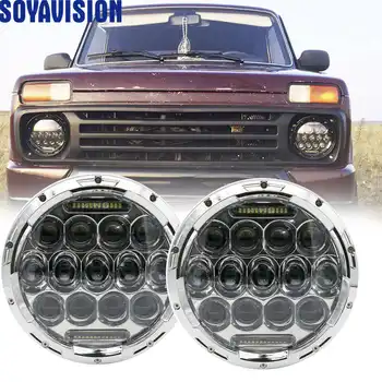 

Pair 7inch Black LED Headlights Hi/Low Beam round for Jeep Beetle Classic Suzuki Samurai Lada 4x4 7" INCH 75W LED Headlamp DRL