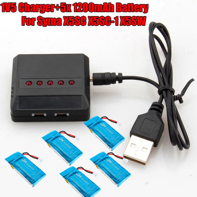 

Free shipping!5pcs 3.7V 1200mAh Lipo Battery+Charger for Syma X5SW X5SC X5SC-1 RC Quad Drone