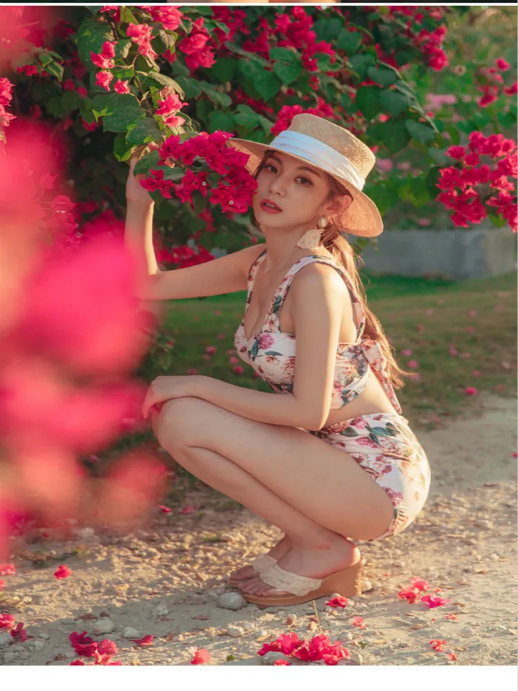 2019 летние пляжные купальники женщина Цветочный принт бант с плеча спинки Холтер