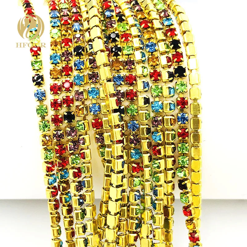 

2mm/2.5mm/2.8mm/3.0mm/4.0mm 5yard/pack High quality Gold bottom Mixed color Rhinestone Chain DIY Accessories