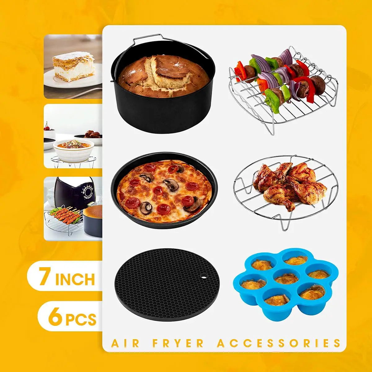 

Air Fryer Accessories Non-stick Silicone Baking Mat 8 Inch BBQ Pizza Baking Pan Tray Set For 3.2-6.8QT Air Fryer Cooking Tools