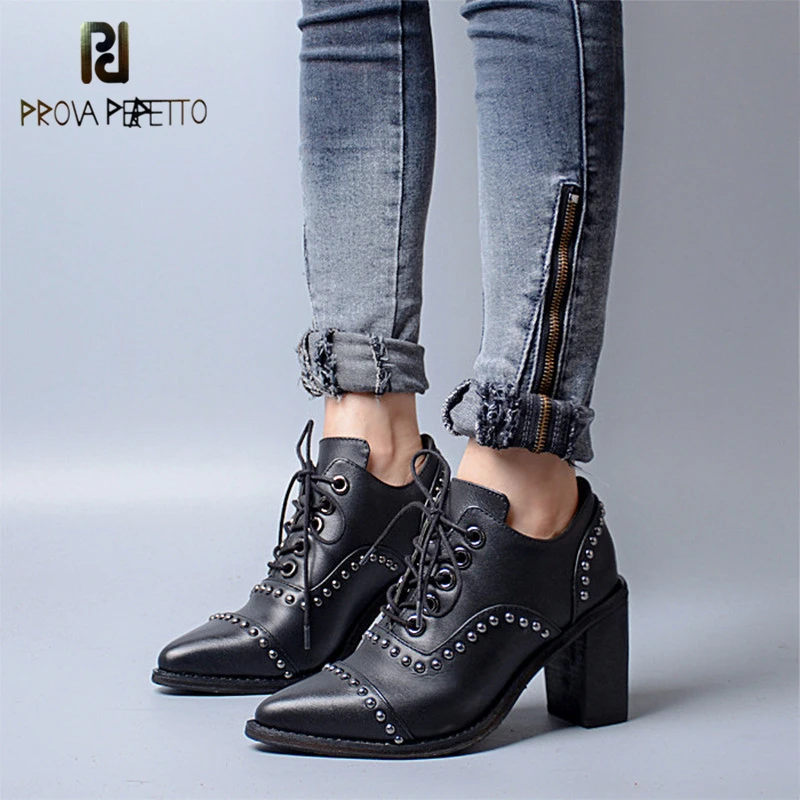 

Prova Perfetto Euramercian Design Fashion Pinted Toe Rivets High Heel Boots Genuine Leather Patchwork Lace Up Shallow Boots