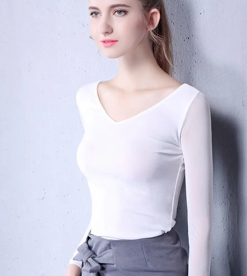 حجم xxxl المرأة الخامس الرقبة سليم لينة الكامل الأكمام تي شيرت سيدة مش مريح مرونة القمم تيز أنثى الأزياء القميص الأساسي