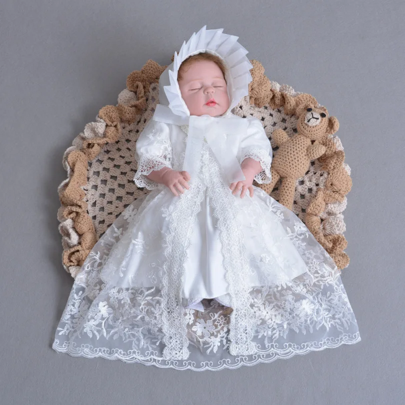  3pcs Set Baby Girls Christening Gown Ruffle White Dress+Lace Shawl+Hat Newborn Infant Princess Birt