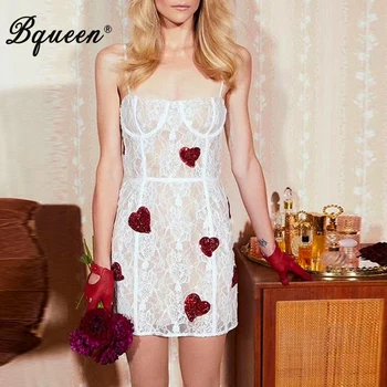 

Bqueen 2019 Lace Embroidery Dress Spaghetti Strap White Lace Heart Print Slim Dress Summer Party Vestidos