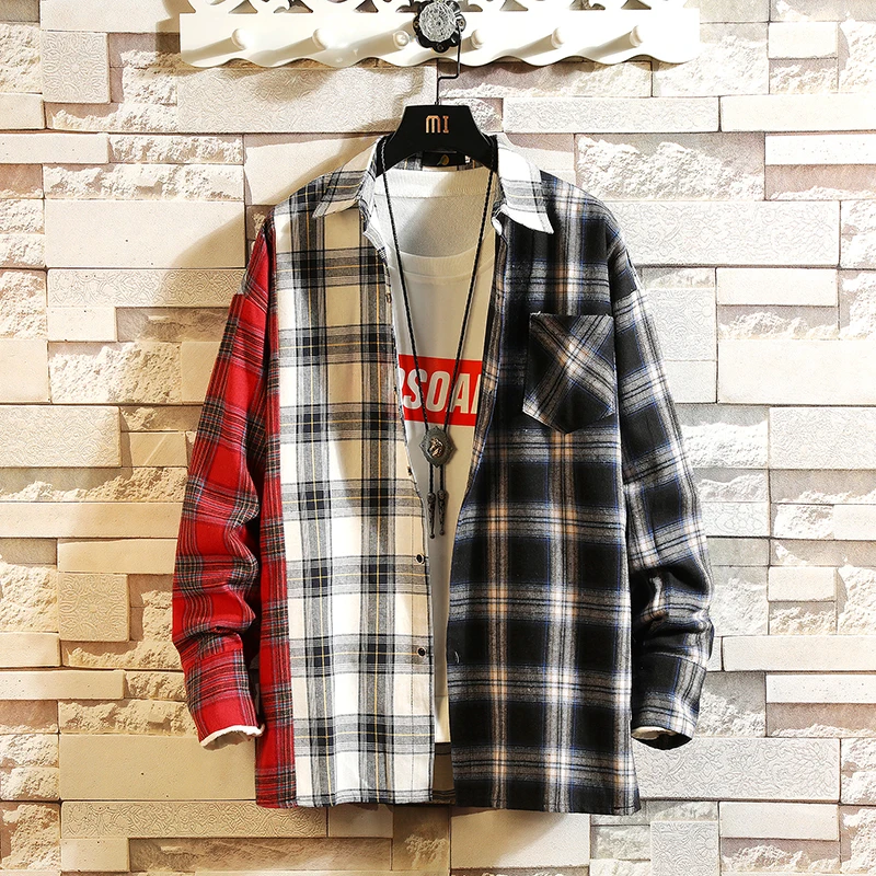 

YASUGUOJI 2019 Autumn New Model Shirts Hip-hop Plaid Patchwork Long Sleeve Shirt Men Fashion Contrast Color Checkered Mens Shirt