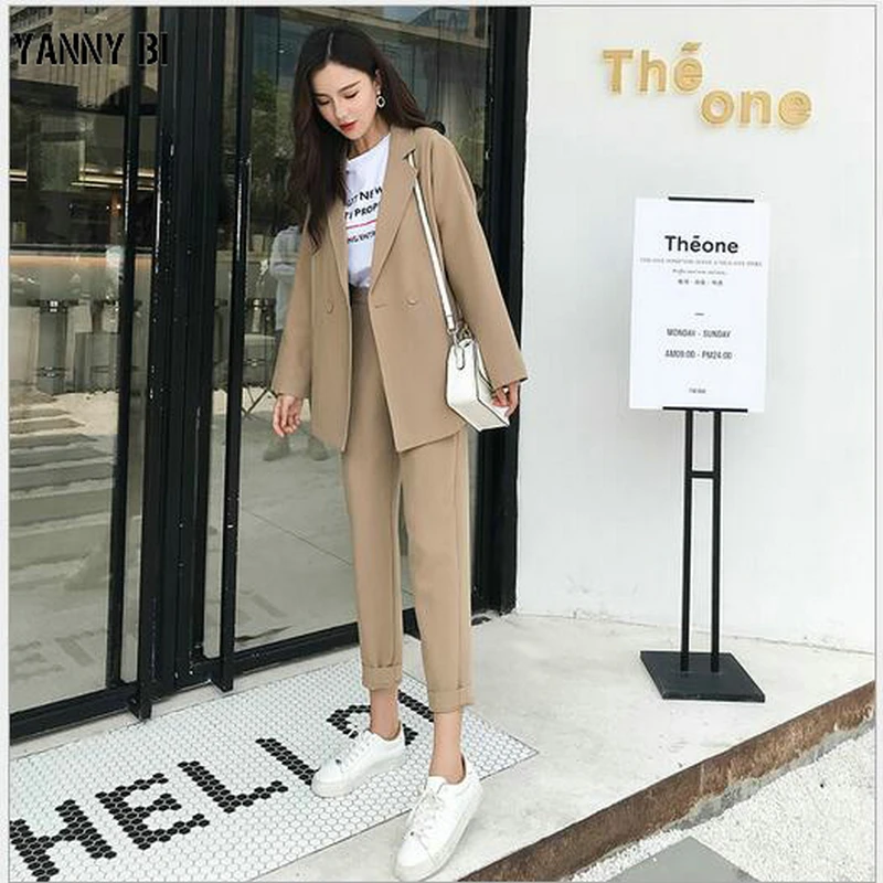 

Work Pant Suits OL 2 Piece Sets Double Breasted Striped Blazer Jacket & Zipper Trousers Suit For Women Set Feminino Spring