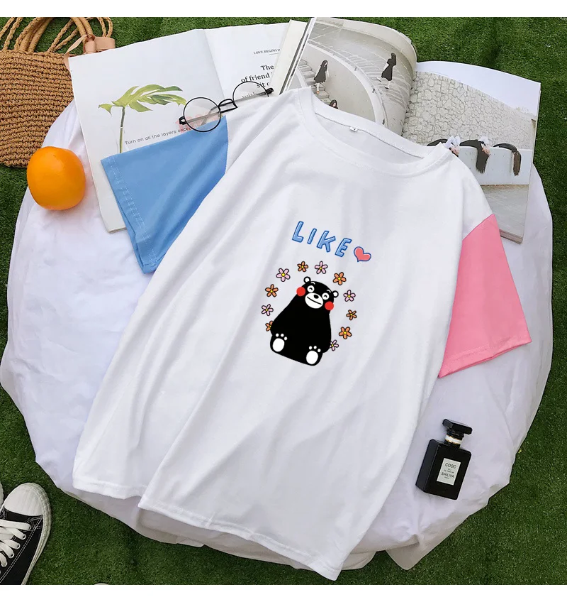 T Shirt Women Summer Casual Cute Kumamon Print Tshirt Harajuku Kawaii Cartoon Tops Loose Colorblock Patchwork Streetwear Clothes (2)