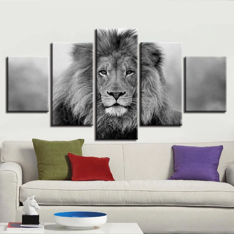 Черно-белые Животные модульная холст фотографии Wall Art 5 шт. плакат со львом Декор