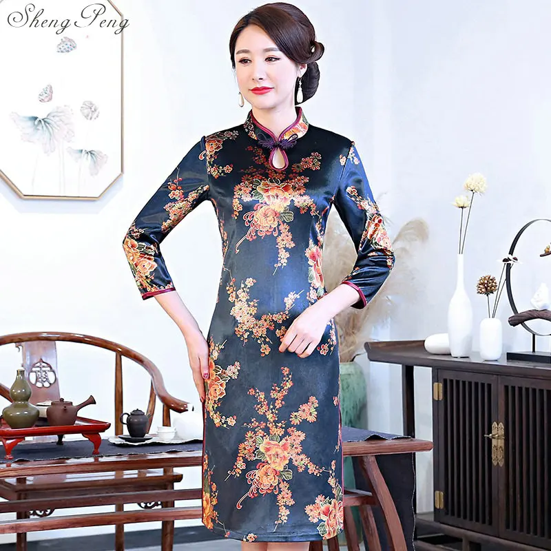 4XL женские восточные платья с принтом эластичные Qipao Новые короткие Cheongsam Восстановление Древние Традиционные китайские платья V1565