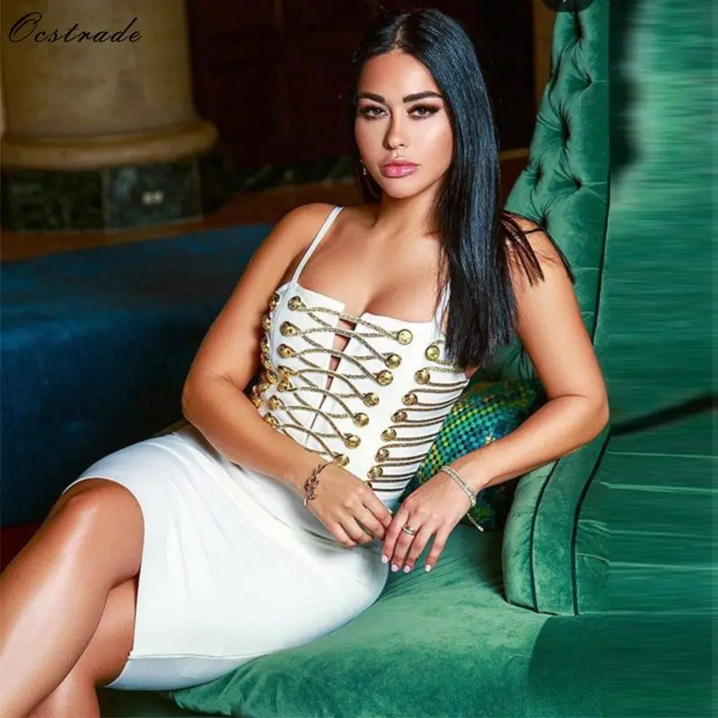 

Ocstrade Sexy Women White Bandage Dress 2019 Summer New Fashion Gold Sexy Lace up Celebrity Bandage Dress Bodycon Party Dress