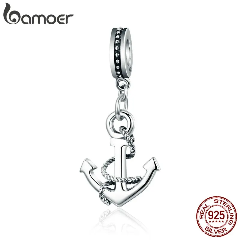 

BAMOER Genuine 100% 925 Sterling Silver Popular Rope & Anchor Pendant Charm fit Women Bracelet & Necklaces DIY Jewelry SCC538