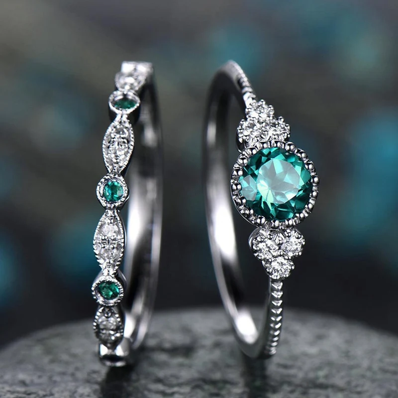 2 шт./компл. ; роскошная женская обувь, расшитая зелеными синий камень кольца с настоящими Австрийскими кристаллами Для женщин серебряного цвета Цвет Свадебные Обручение кольца ювелирные изделия
