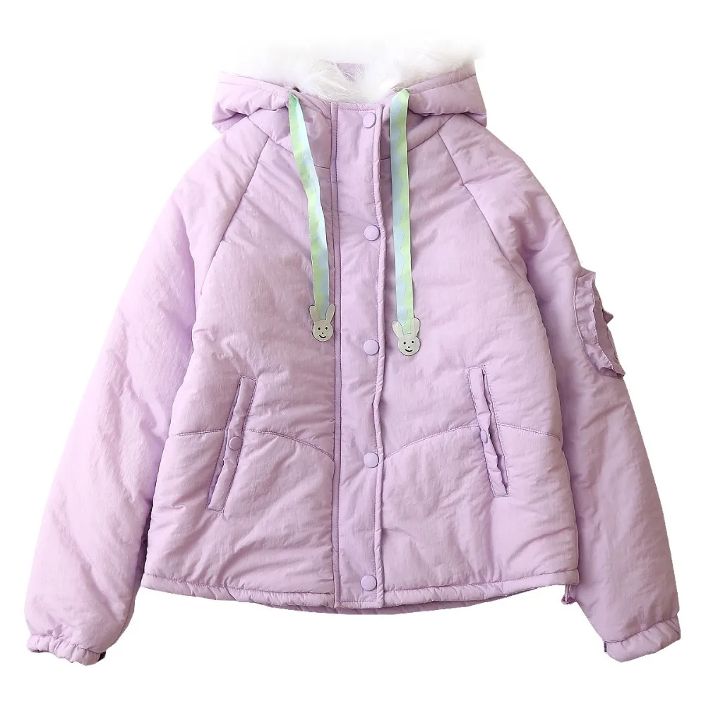 

Sweet Women Hooded Parkas Coat Fur Collar Preppy Style Girl Warm Thick Outwear Coats Ladies Winter Jackets Bunny Tie Up