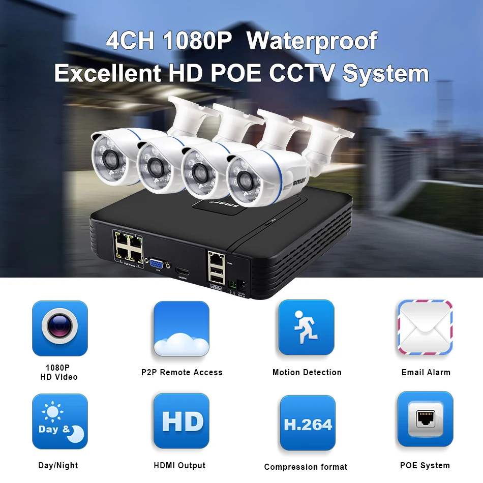 Smfull HD 4CH 1080P POE 48V NVR комплект видеонаблюдения 4 шт. 2MP 20FPS уличная ip-камера 36 IR 4 канала CCTV Система HDMI P2P электронная сигнализация