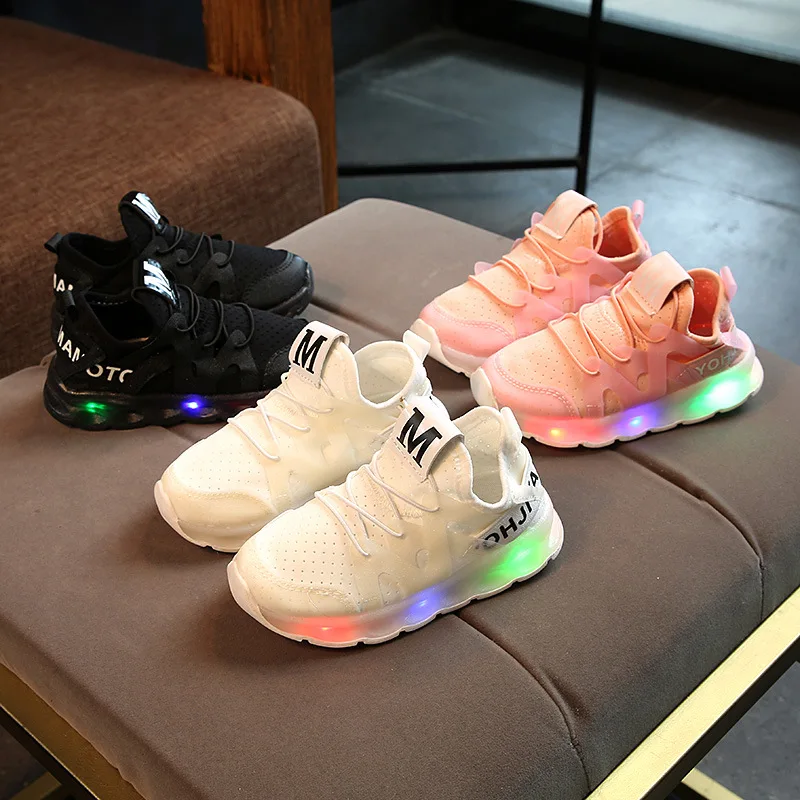 

2018 LED fashion cool lighted kids shoes solid color flash glowing baby girls boys sneakers high quality children casual shoes