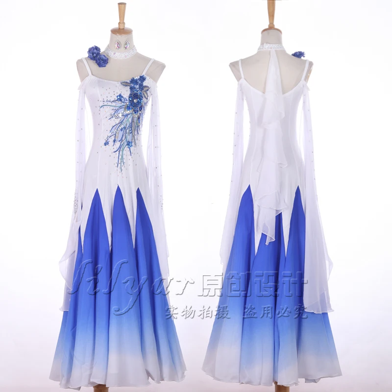 Современные Танцы костюмы синий платье с длинными рукавами