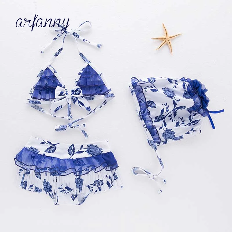 Раздельный купальник для маленьких девочек; китайский классический синий и белый купальник с фарфоровым узором; От 1 до 6 лет; детское весеннее бикини